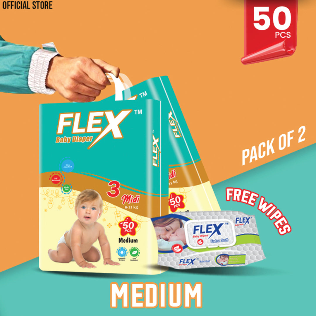 Flex Economy Pack Baby Diaper – Size 3, Medium – 50 Pcs (Pack of 2) + Free Wipes