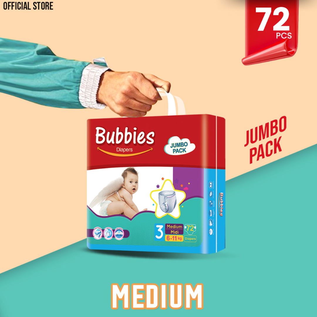 Bubbies Jumbo Pack Baby Diaper – Size 3, Medium – 72 Pcs