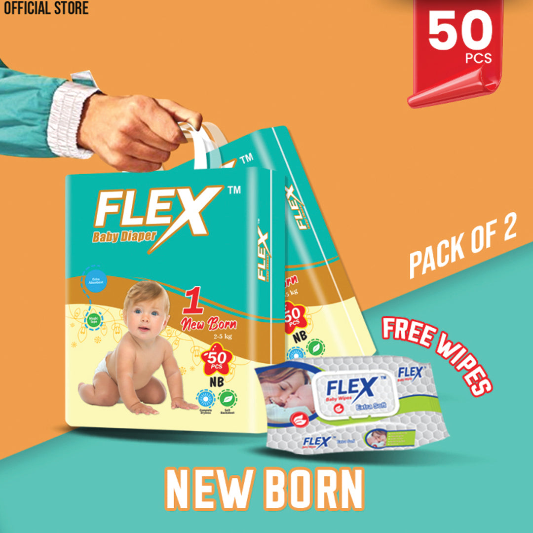 Flex Economy Pack Baby Diaper – Size 1, New Born – 50 Pcs (Pack of 2) + Free Wipes