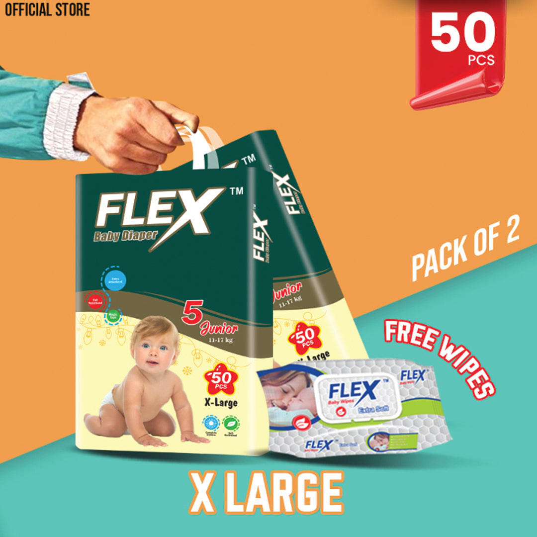 Flex Economy Pack Baby Diaper – Size 5, X-Large – 50 Pcs (Pack of 2) +Free Wipes