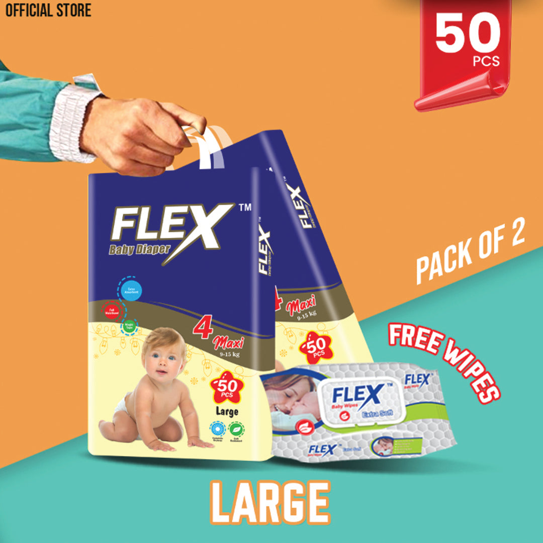 Flex Economy Pack Baby Diaper – Size 4, Large – 50 Pcs (Pack of 2) + Free Wipes