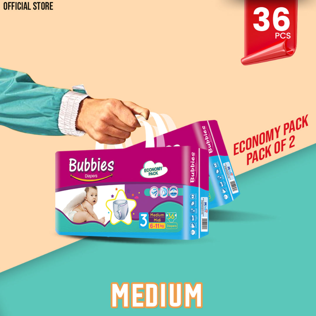 Bubbies Economy Pack Baby Diaper – Size 3, Medium – 36 Pcs (Pack of 2)