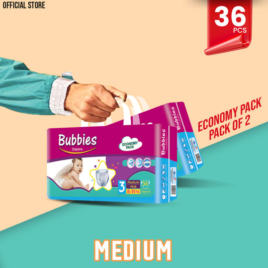 Bubbies Economy Pack Baby Diaper – Size 3, Medium – 36 Pcs (Pack of 2)