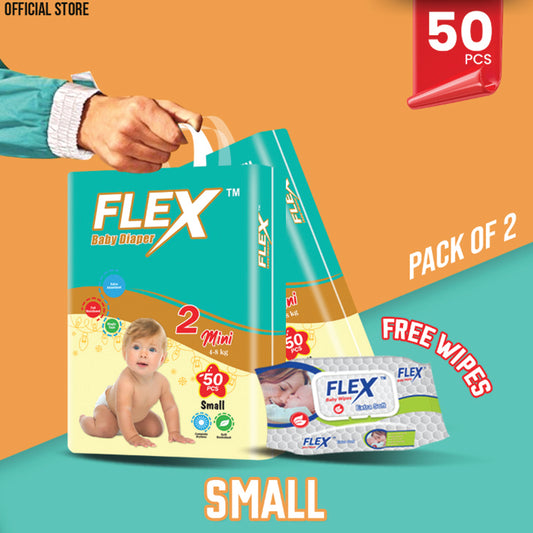 Flex Economy Pack Baby Diaper – Size 2, Small – 50 Pcs (Pack of 2) + Free wipes