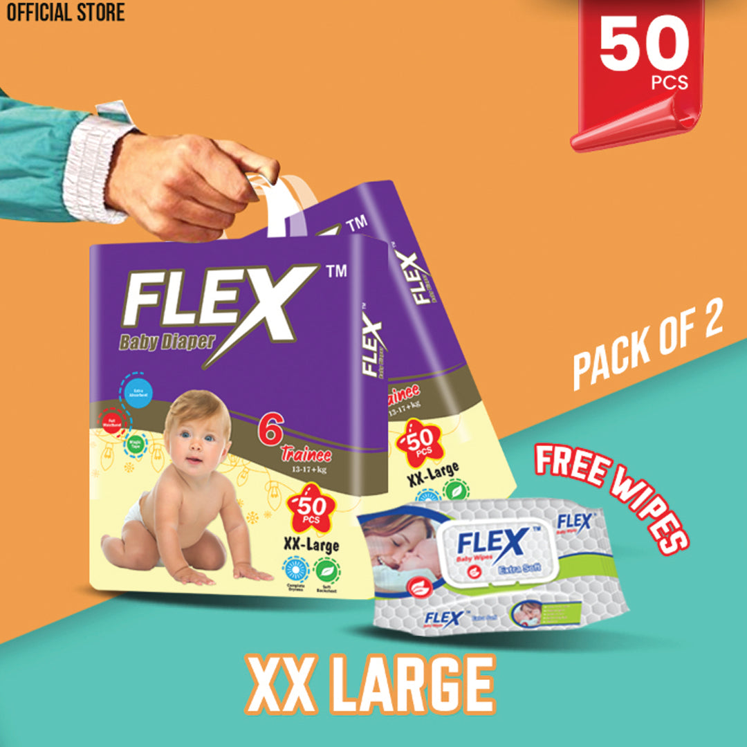 Flex Economy Pack Baby Diaper – Size 6, XX-Large – 50 Pcs (Pack of 2) + Free Wipes
